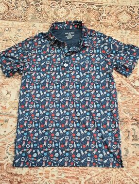Pins & Aces Men's Navy Space-Print Golf Polo Shirt Medium
